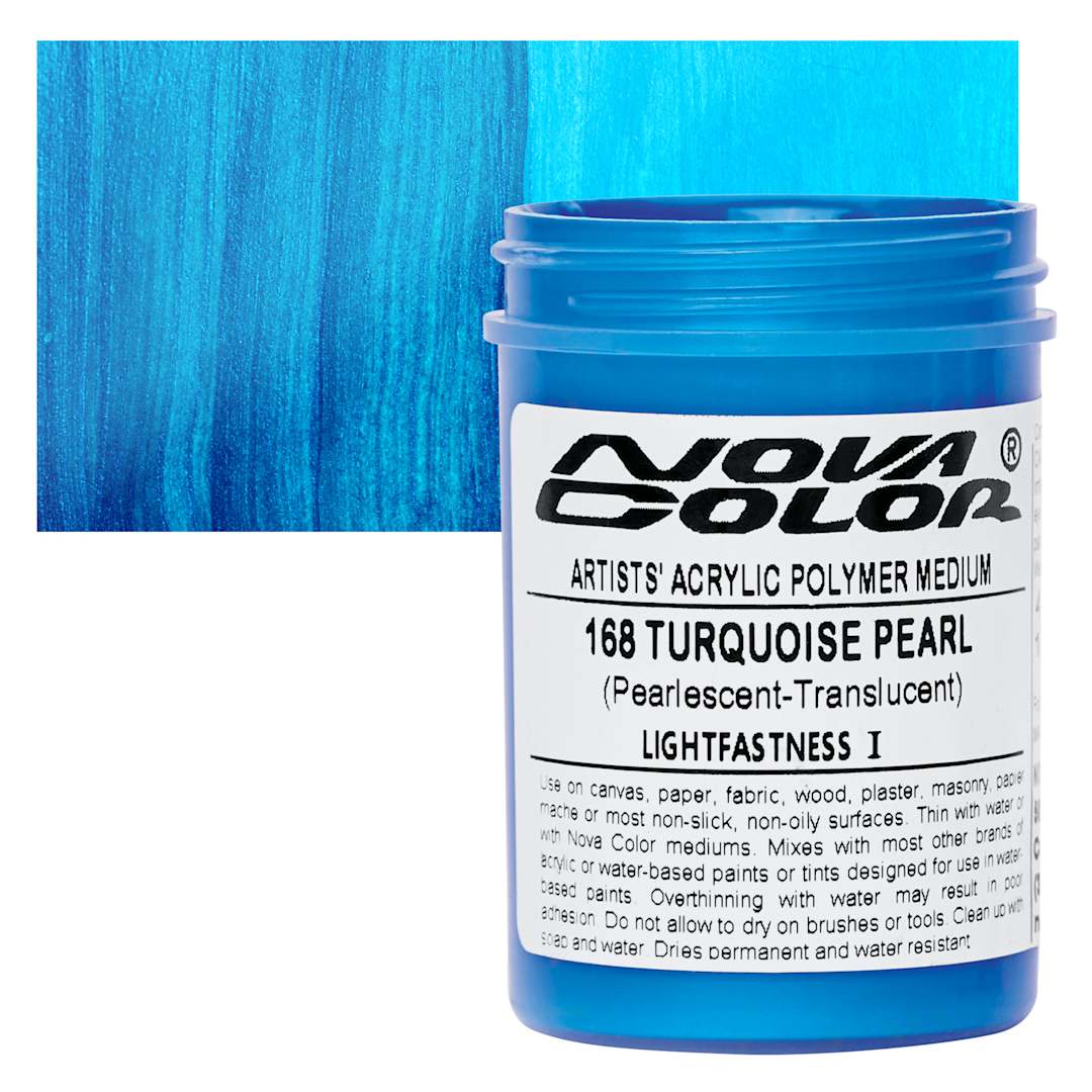 Open in modal - Nova Color Artists’ Acrylic Polymer Paint - Turquoise Pearl, 118 ml Jar and swatch