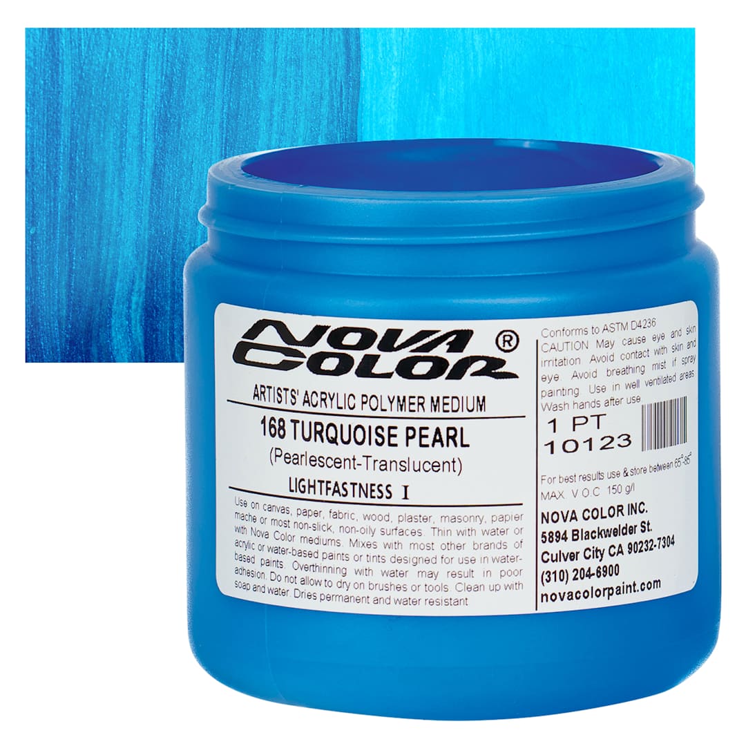 Open in modal - Nova Color Artists’ Acrylic Polymer Paint - Turquoise Pearl, 473 ml Jar and swatch