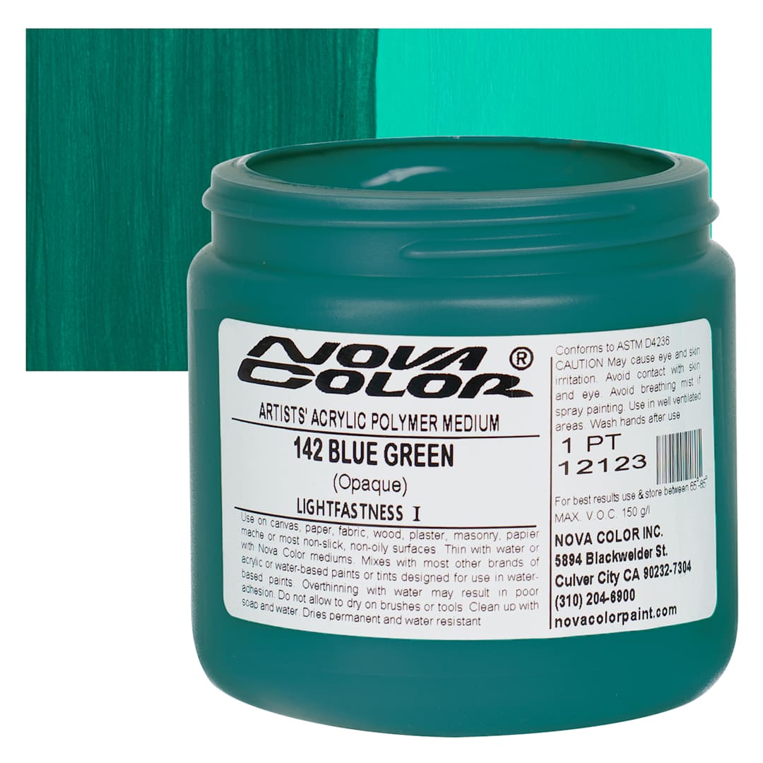 Open in modal - Nova Color Artists’ Acrylic Polymer Paint - Blue Green, 473 ml Jar and swatch