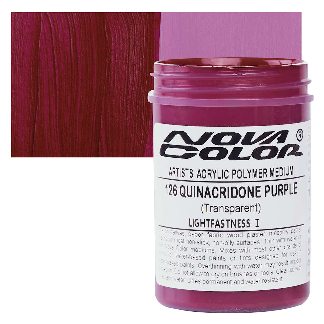 Open in modal - Nova Color Artists’ Acrylic Polymer Paint - Quinacridone Purple, 118 ml Jar and swatch