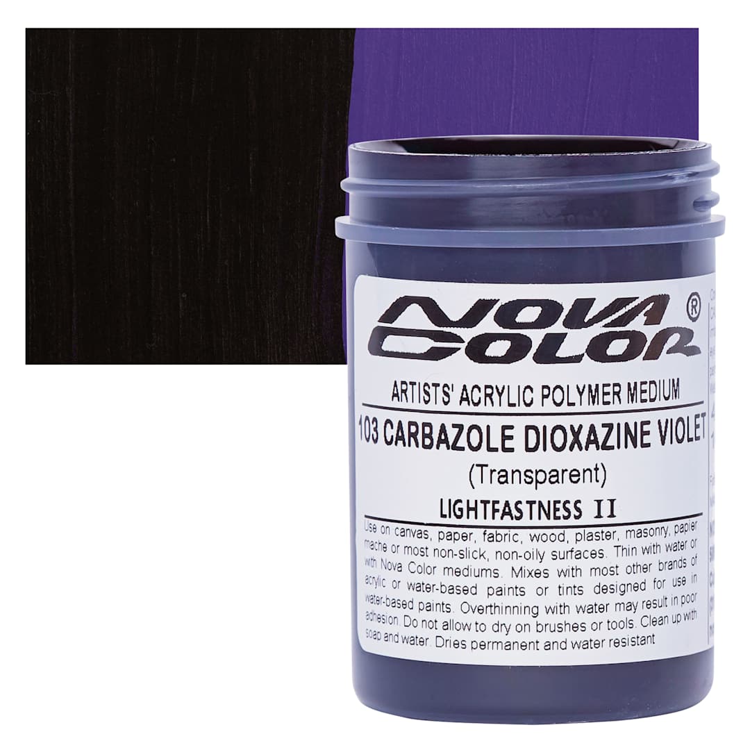 Open in modal - Nova Color Artists’ Acrylic Polymer Paint - Carbazole Dioxazine Violet, 118 ml Jar and swatch