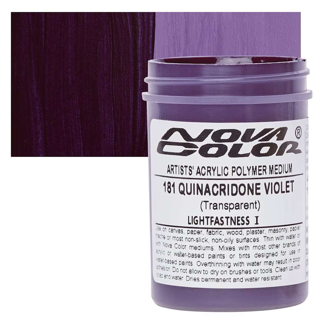 Open in modal - Nova Color Artists’ Acrylic Polymer Paint - Quinacridone Violet, 118 ml Jar and swatch
