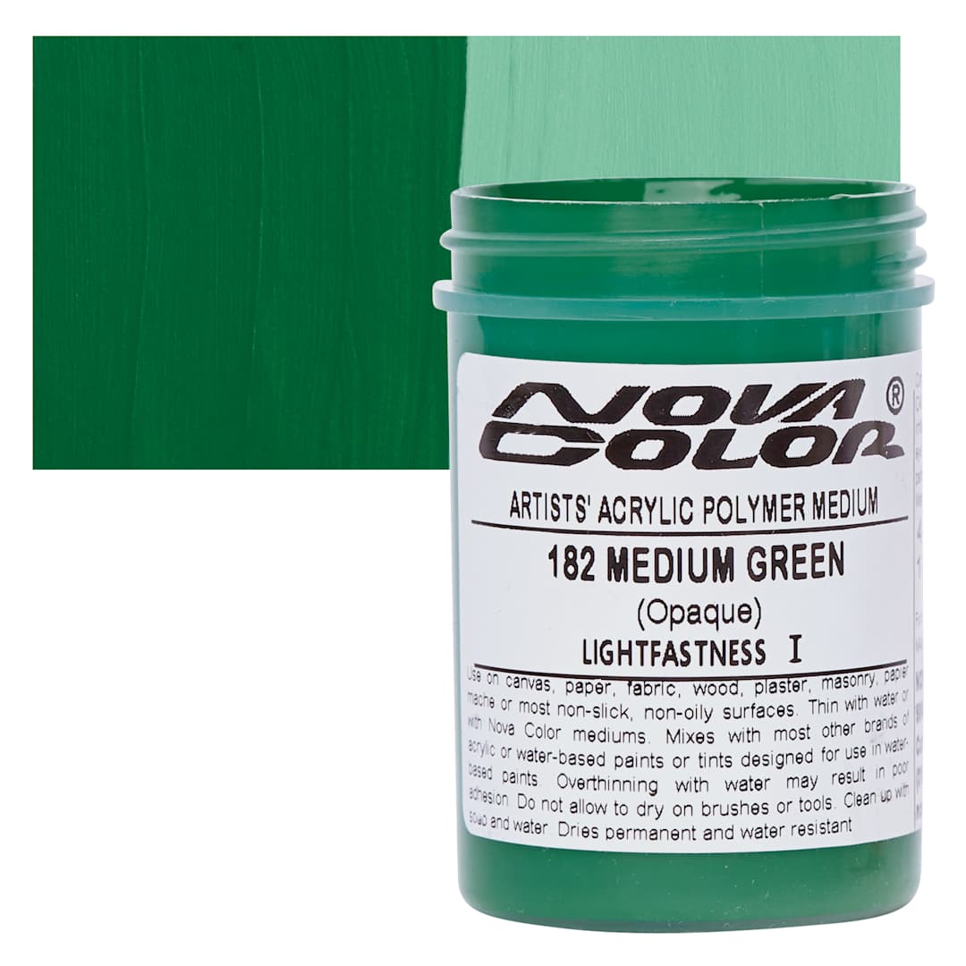 Open in modal - Nova Color Artists’ Acrylic Polymer Paint - Medium Green, 118 ml Jar and swatch