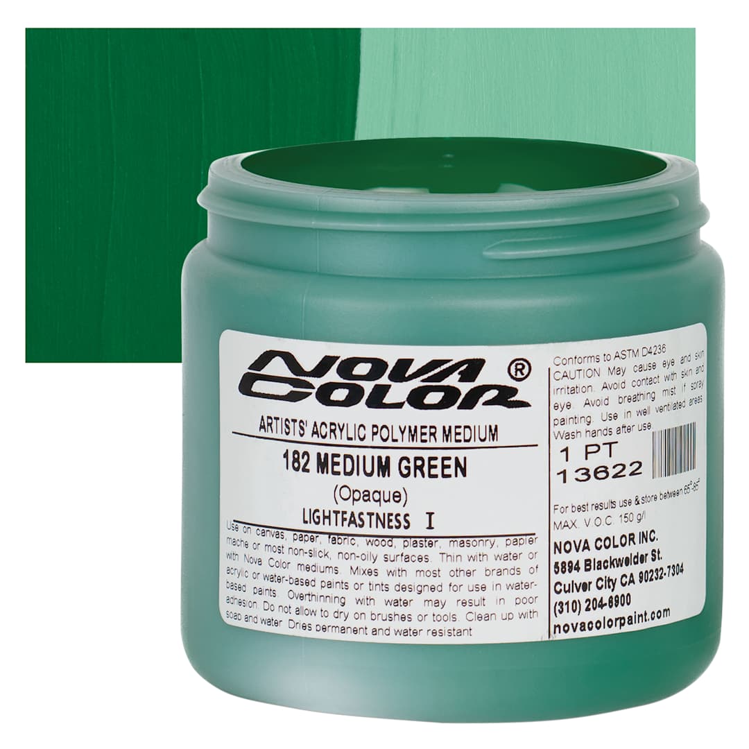 Open in modal - Nova Color Artists’ Acrylic Polymer Paint - Medium Green, 473 ml Jar and swatch