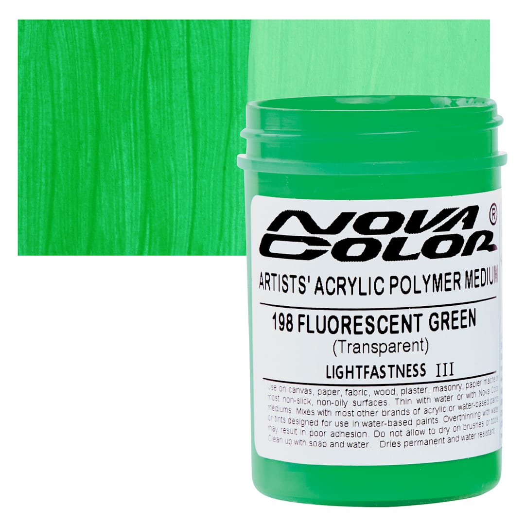 Open in modal - Nova Color Artists’ Acrylic Polymer Paint - Fluorescent Green, 118 ml Jar and swatch