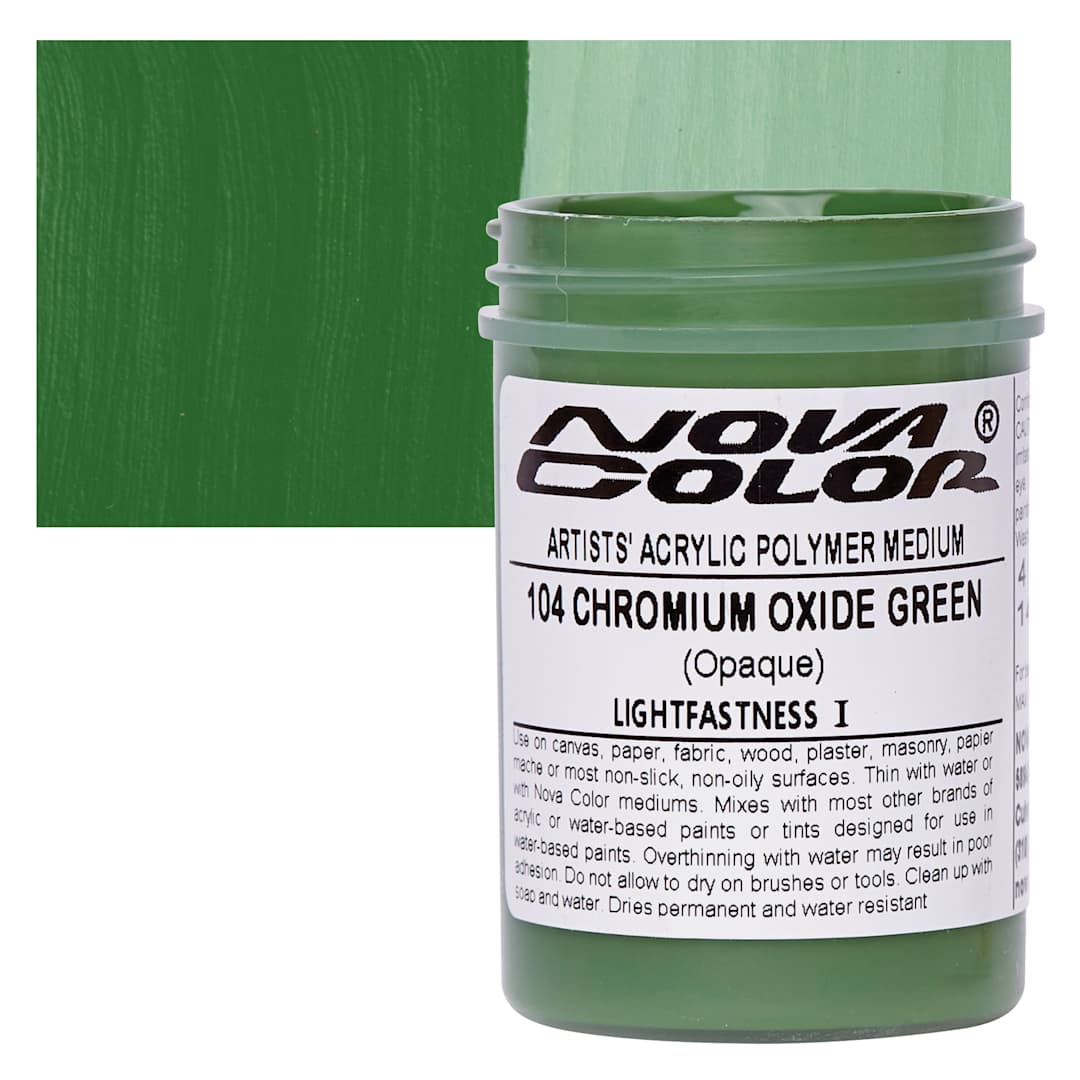 Open in modal - Nova Color Artists’ Acrylic Polymer Paint - Chromium Oxide Green, 118 ml Jar and swatch