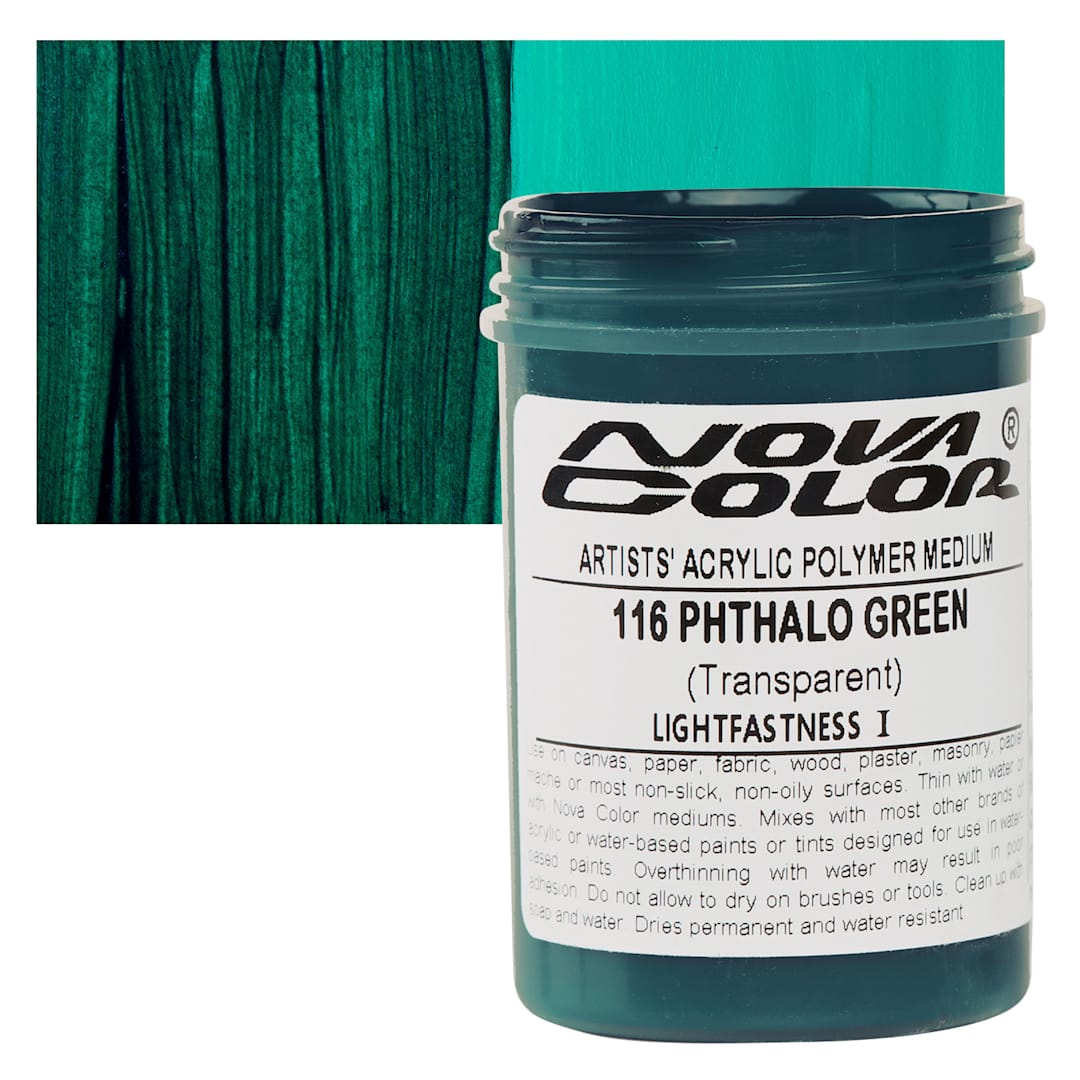 Open in modal - Nova Color Artists’ Acrylic Polymer Paint - Phthalo Green, 118 ml Jar and swatch