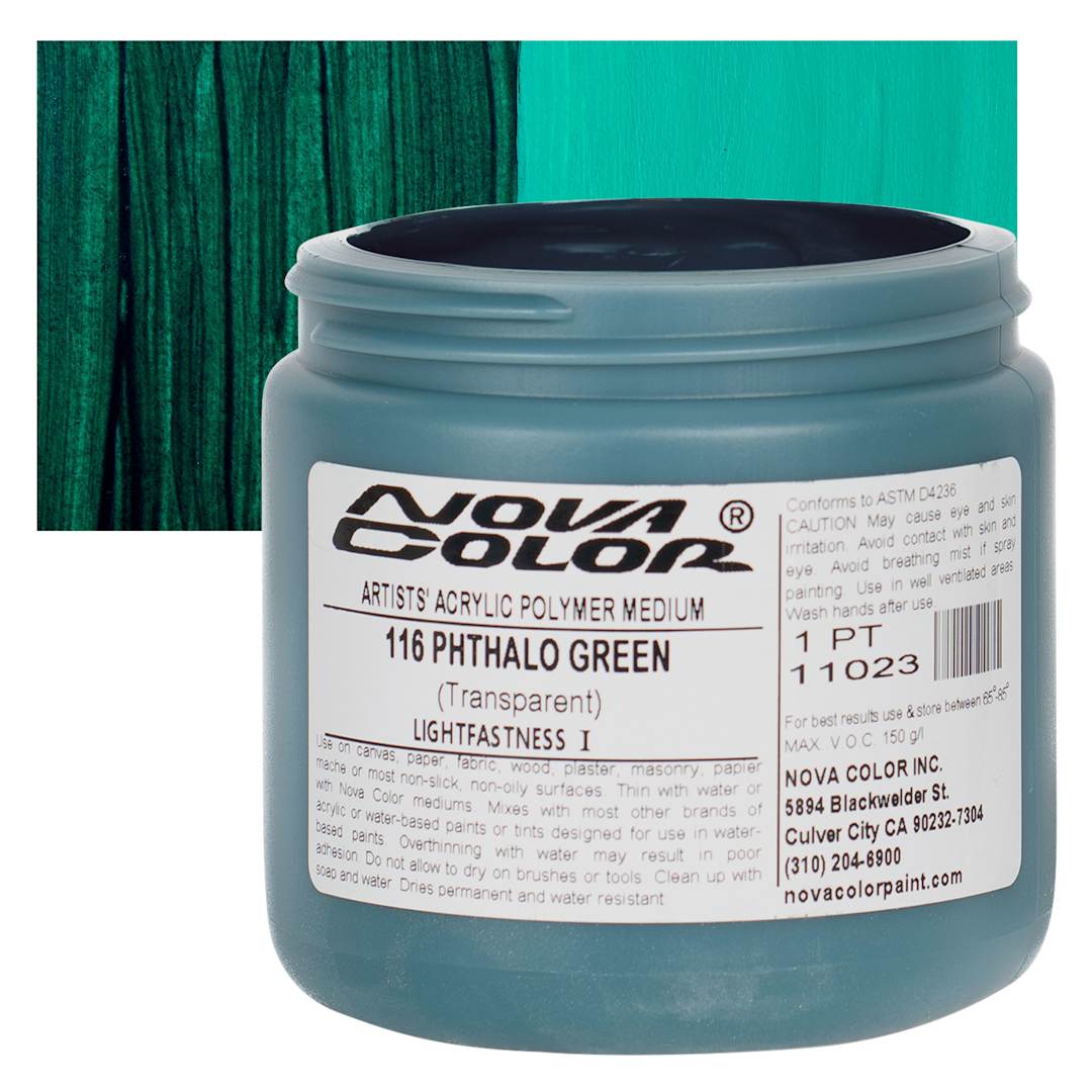 Open in modal - Nova Color Artists’ Acrylic Polymer Paint - Phthalo Green, 473 ml Jar and swatch