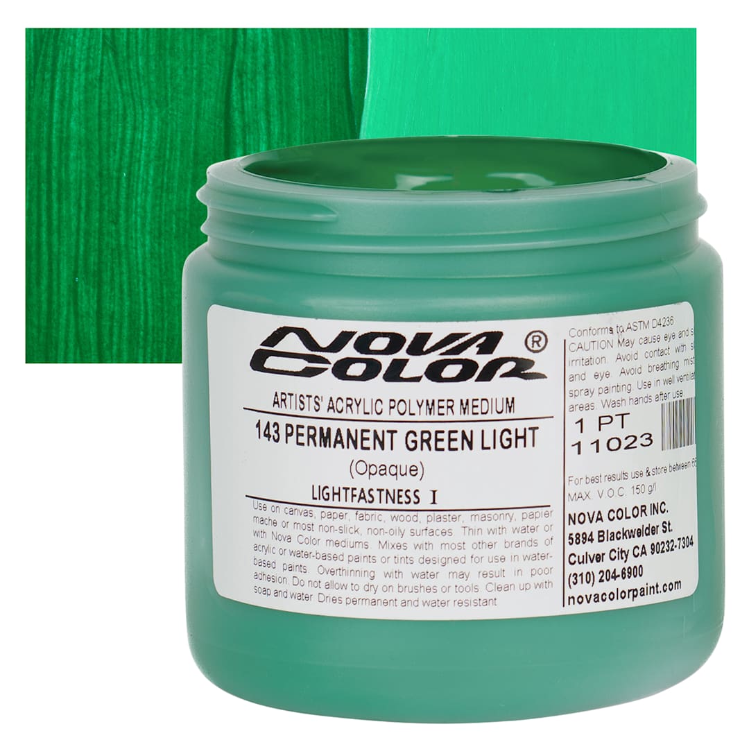 Open in modal - Nova Color Artists’ Acrylic Polymer Paint - Permanent Green Light, 473 ml Jar and swatch