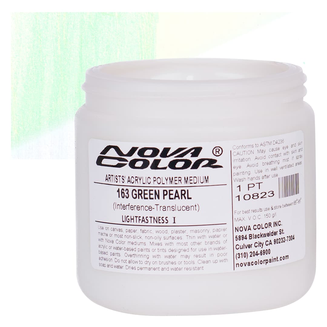 Open in modal - Nova Color Artists’ Acrylic Polymer Paint - Green Pearl, 473 ml Jar and swatch