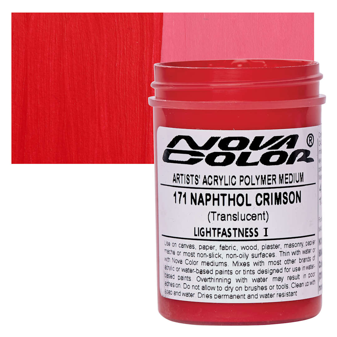 Open in modal - Nova Color Artists’ Acrylic Polymer Paint - Naphthol Crimson, 118 ml Jar and swatch