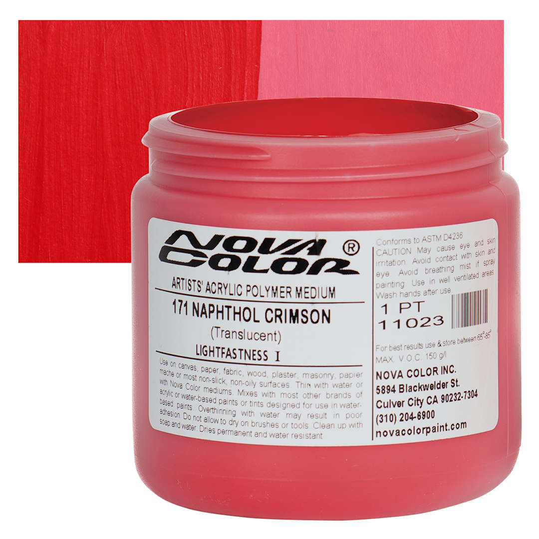 Open in modal - Nova Color Artists’ Acrylic Polymer Paint - Naphthol Crimson, 473 ml Jar and swatch