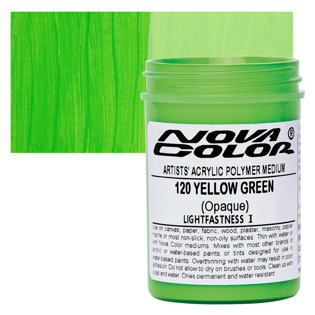 Open in modal - Nova Color Artists’ Acrylic Polymer Paint - Yellow Green, 118 ml Jar and swatch
