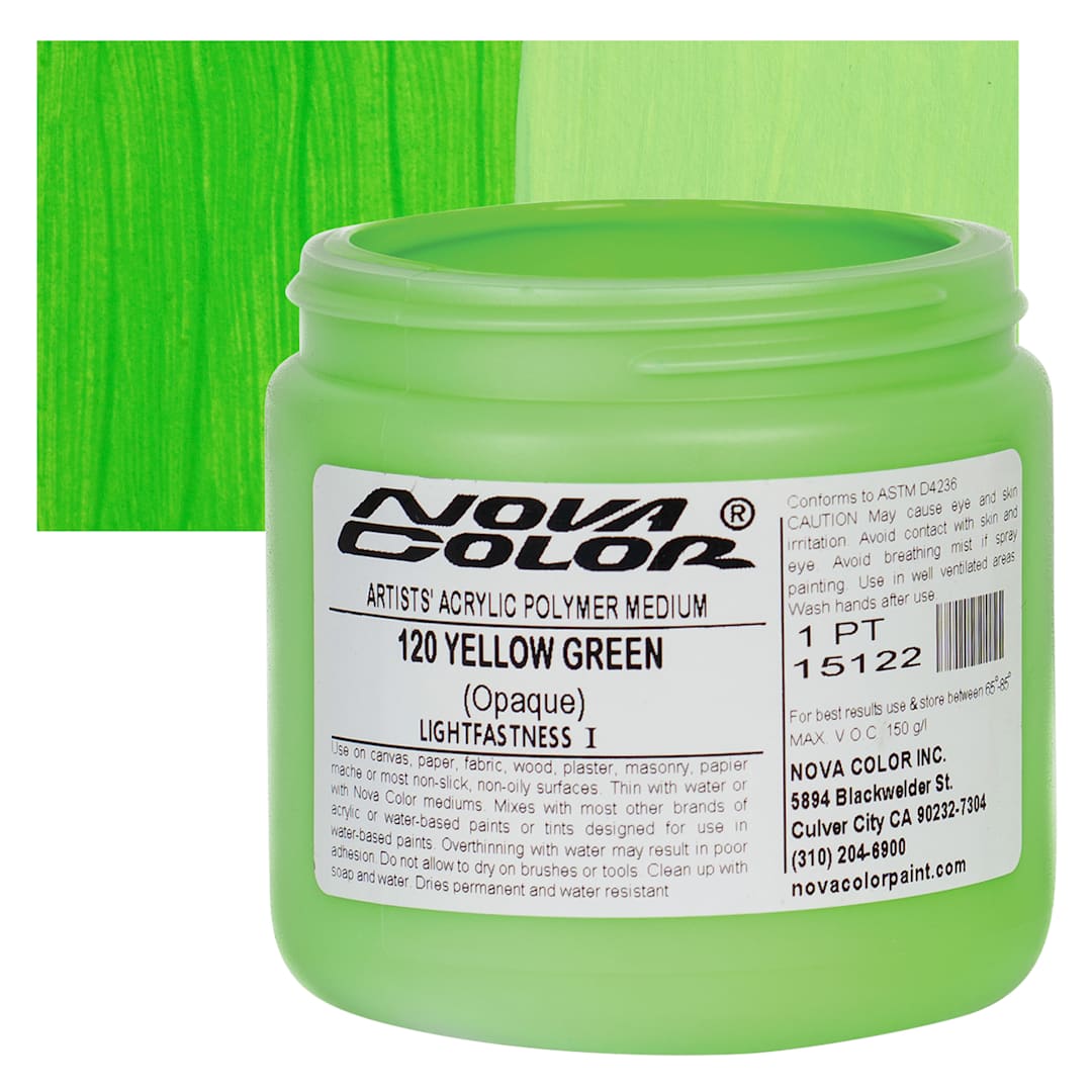 Open in modal - Nova Color Artists’ Acrylic Polymer Paint - Yellow Green, 473 ml Jar and swatch