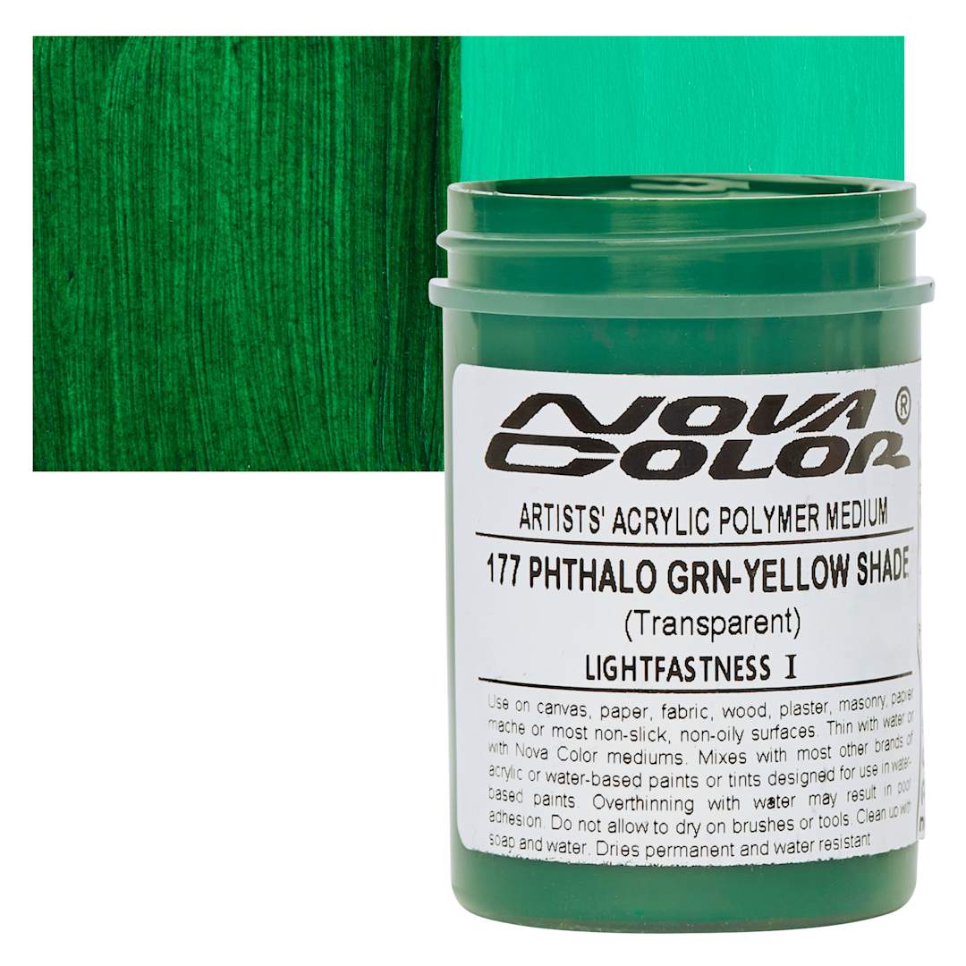 Open in modal - Nova Color Artists’ Acrylic Polymer Paint - Phthalo Green Yellow Shade, 118 ml Jar and swatch
