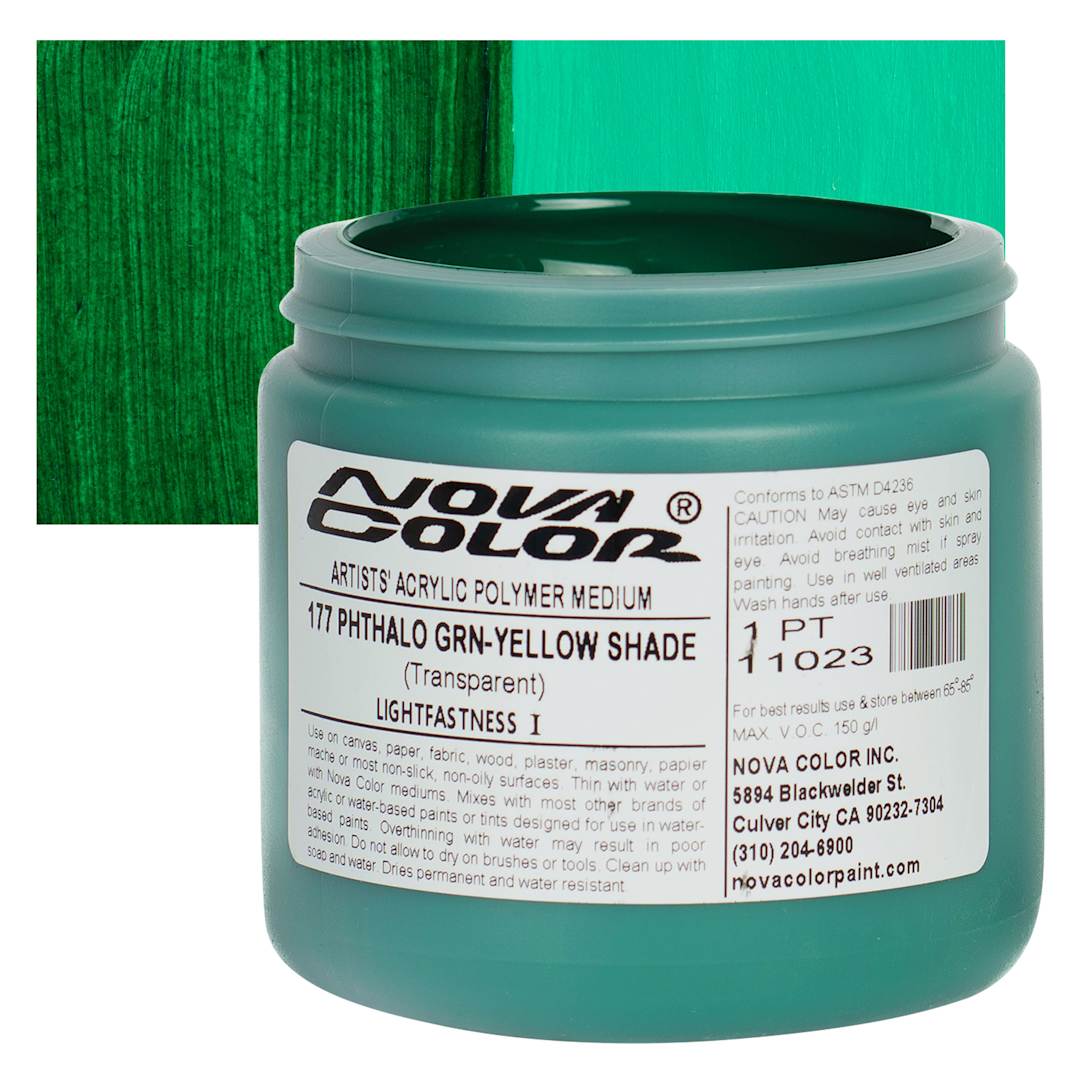 Open in modal - Nova Color Artists’ Acrylic Polymer Paint - Phthalo Green Yellow Shade, 473 ml Jar and swatch
