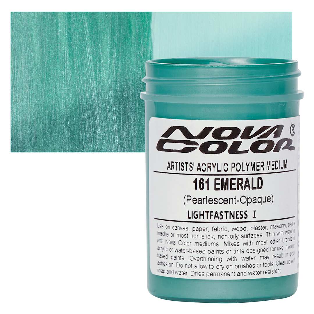 Open in modal - Nova Color Artists’ Acrylic Polymer Paint - Emerald Pearl, 118 ml Jar and swatch