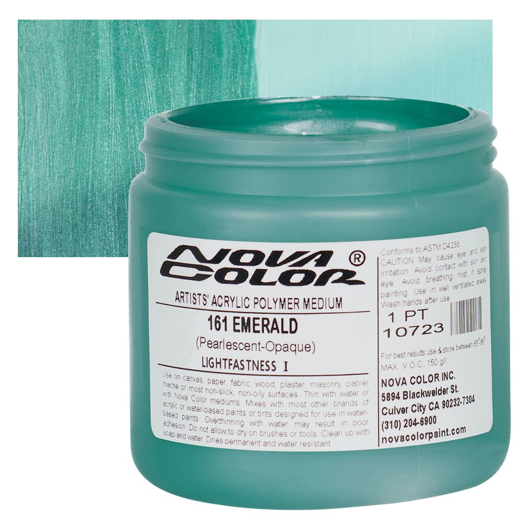 Open in modal - Nova Color Artists’ Acrylic Polymer Paint - Emerald Pearl, 473 ml Jar and swatch