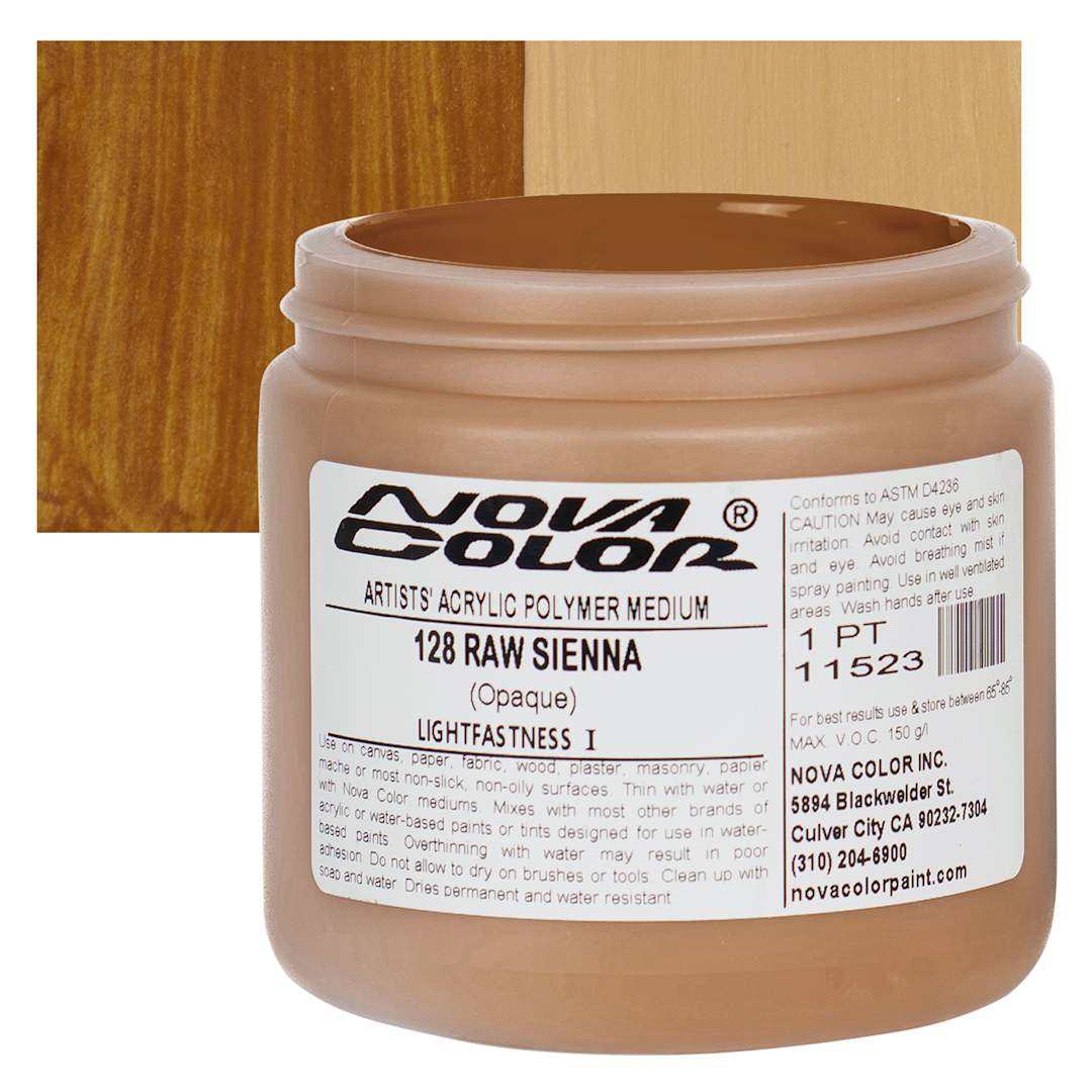 Open in modal - Nova Color Artists’ Acrylic Polymer Paint - Raw Sienna, 473 ml Jar and swatch