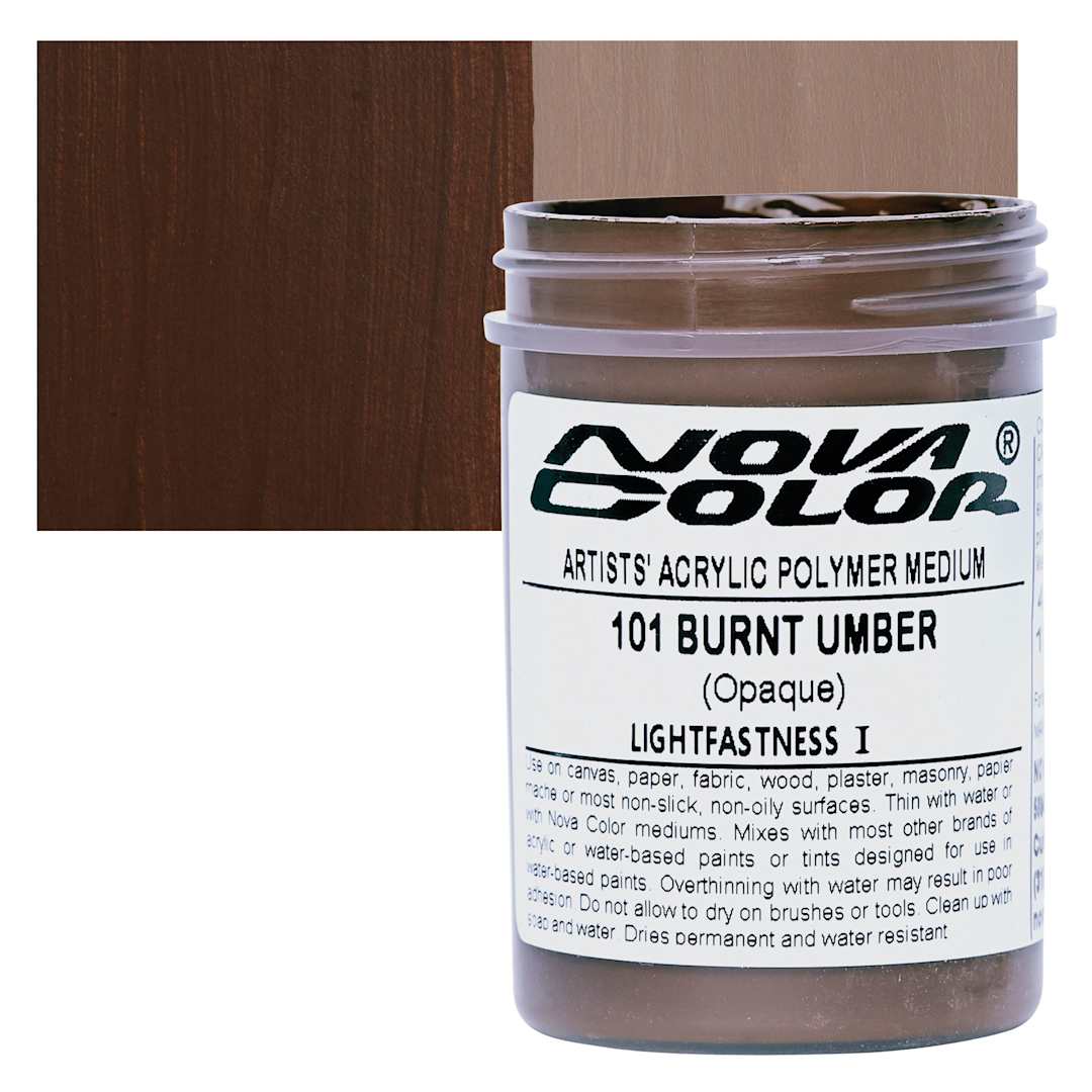 Open in modal - Nova Color Artists’ Acrylic Polymer Paint -  Burnt Umber, 118 ml Jar and swatch