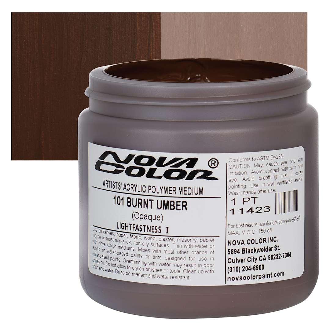 Open in modal - Nova Color Artists’ Acrylic Polymer Paint - Burnt Umber, 473 ml Jar and swatch