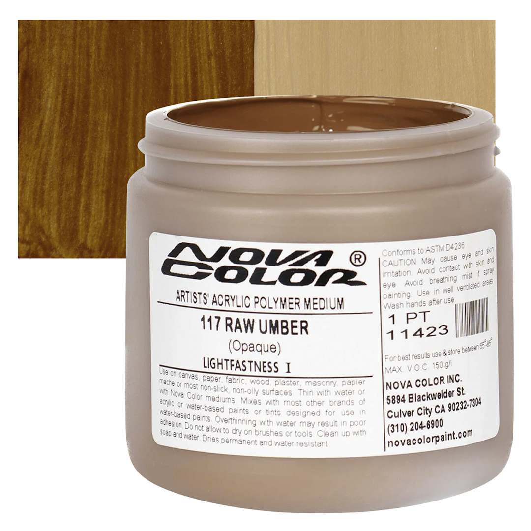 Open in modal - Nova Color Artists’ Acrylic Polymer Paint - Raw Umber, 473 ml Jar and swatch