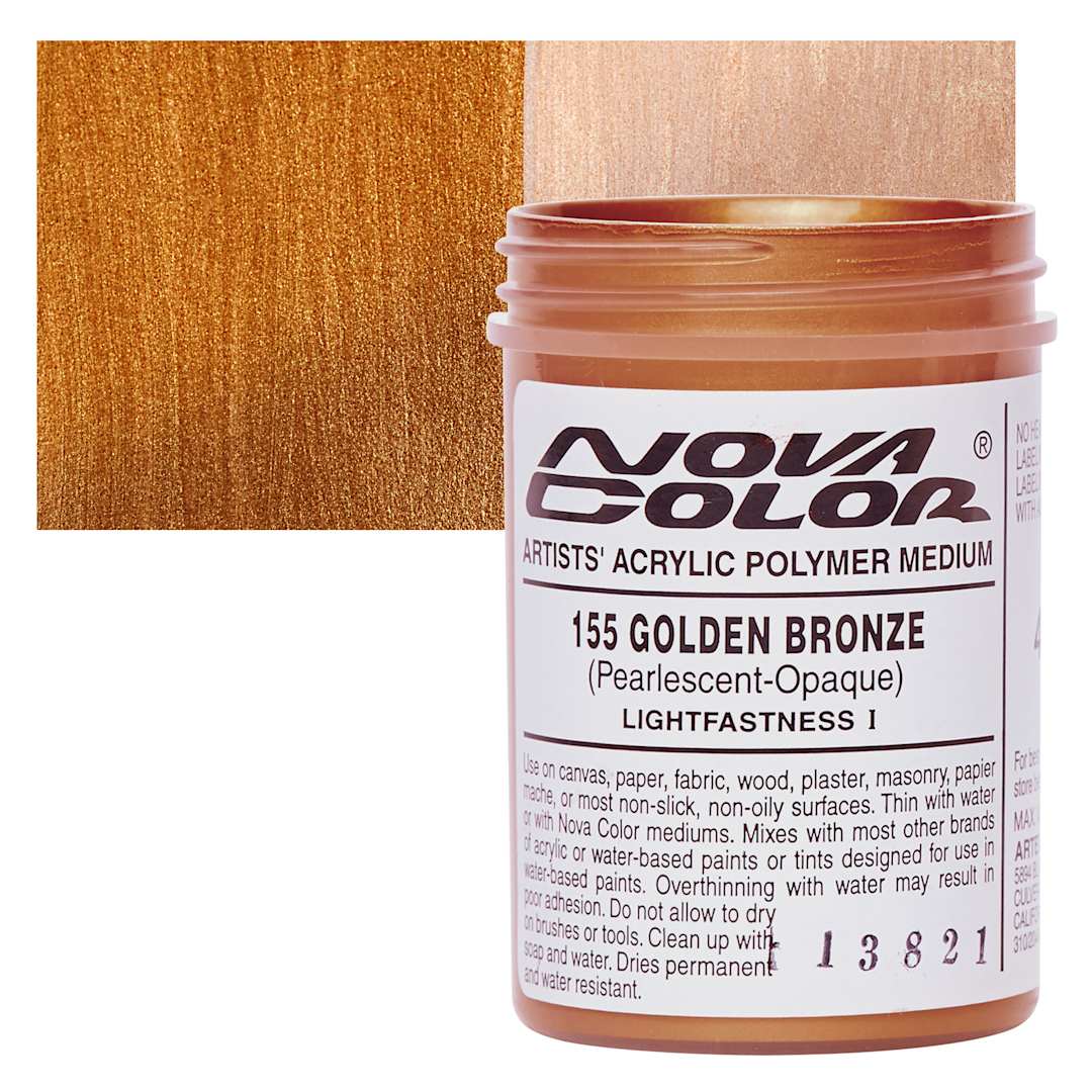 Open in modal - Nova Color Artists’ Acrylic Polymer Paint - Golden Bronze Pearl, 118 ml Jar and swatch