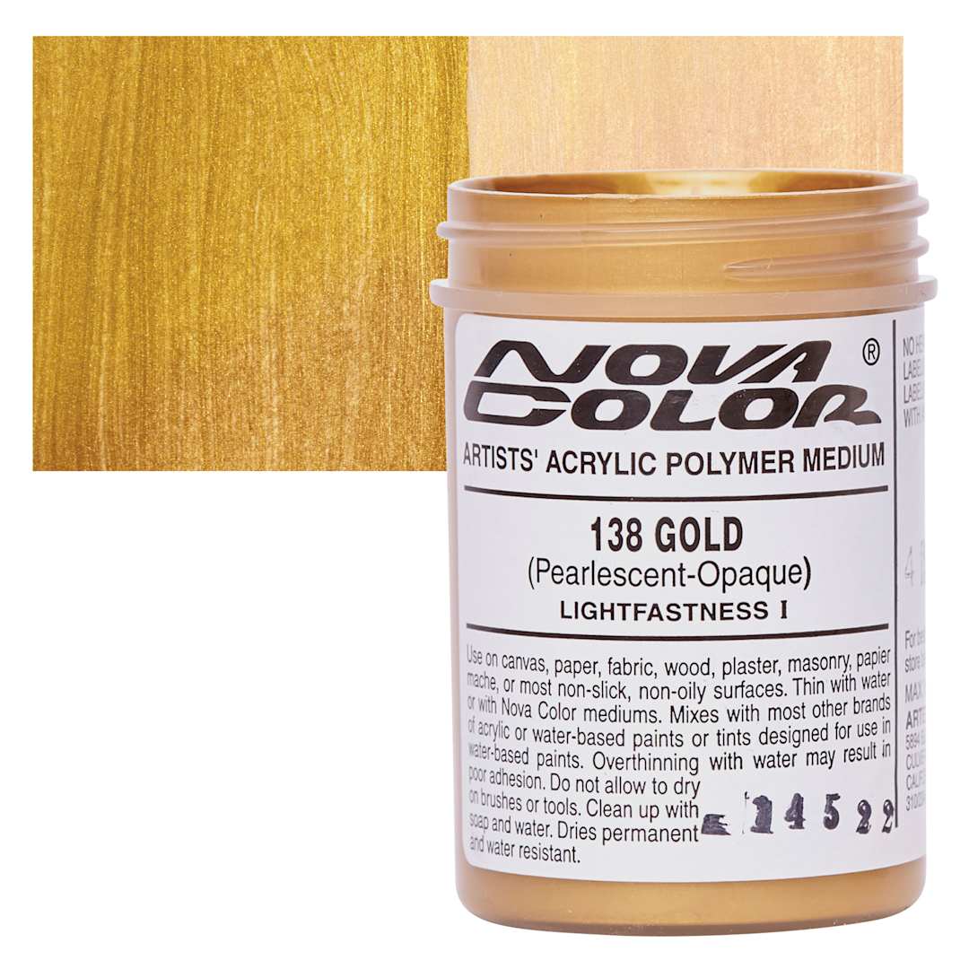 Open in modal - Nova Color Artists’ Acrylic Polymer Paint - Gold Pearl, 118 ml Jar and swatch