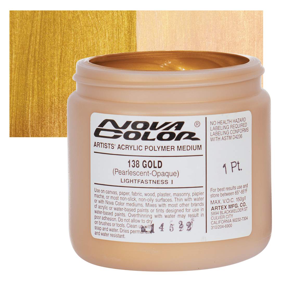 Open in modal - Nova Color Artists’ Acrylic Polymer Paint - Gold Pearl, 473 ml Jar and swatch