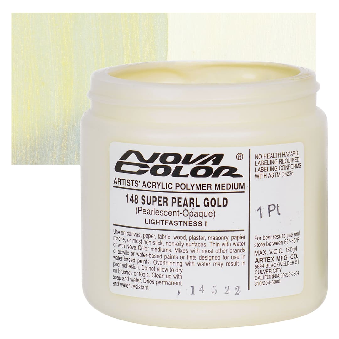 Open in modal - Nova Color Artists’ Acrylic Polymer Paint - #148 Super Pearl Gold, 473 ml Jar and swatch