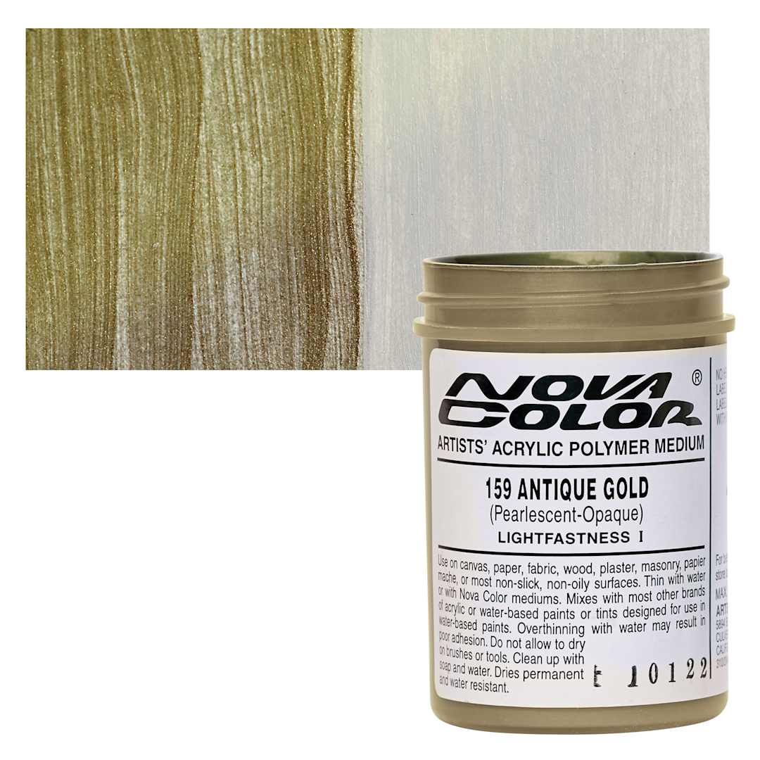 Open in modal - Nova Color Artists’ Acrylic Polymer Paint - Antique Gold, 118 ml Jar and swatch