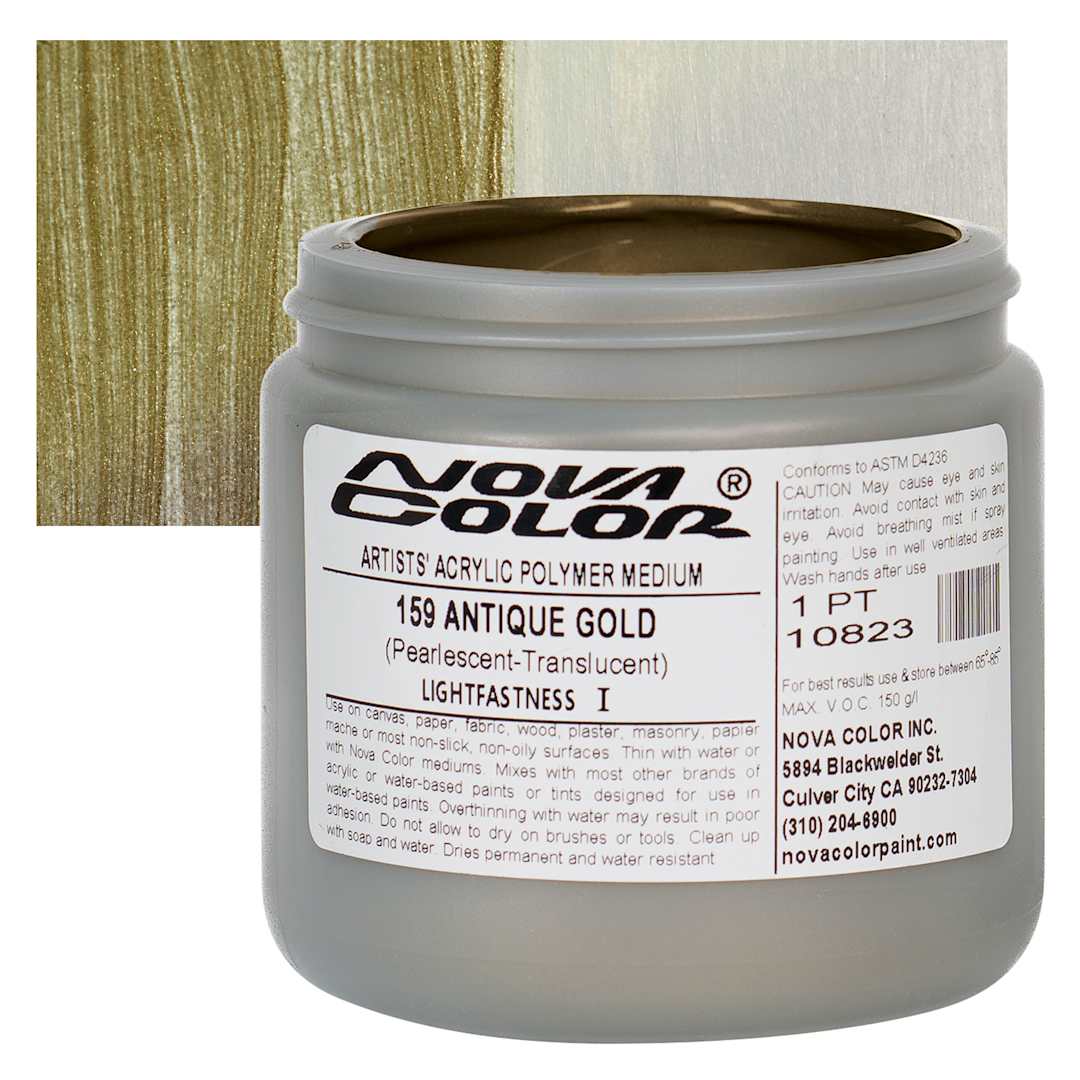 Open in modal - Nova Color Artists’ Acrylic Polymer Paint -  Antique Gold, 473 ml Jar and swatch