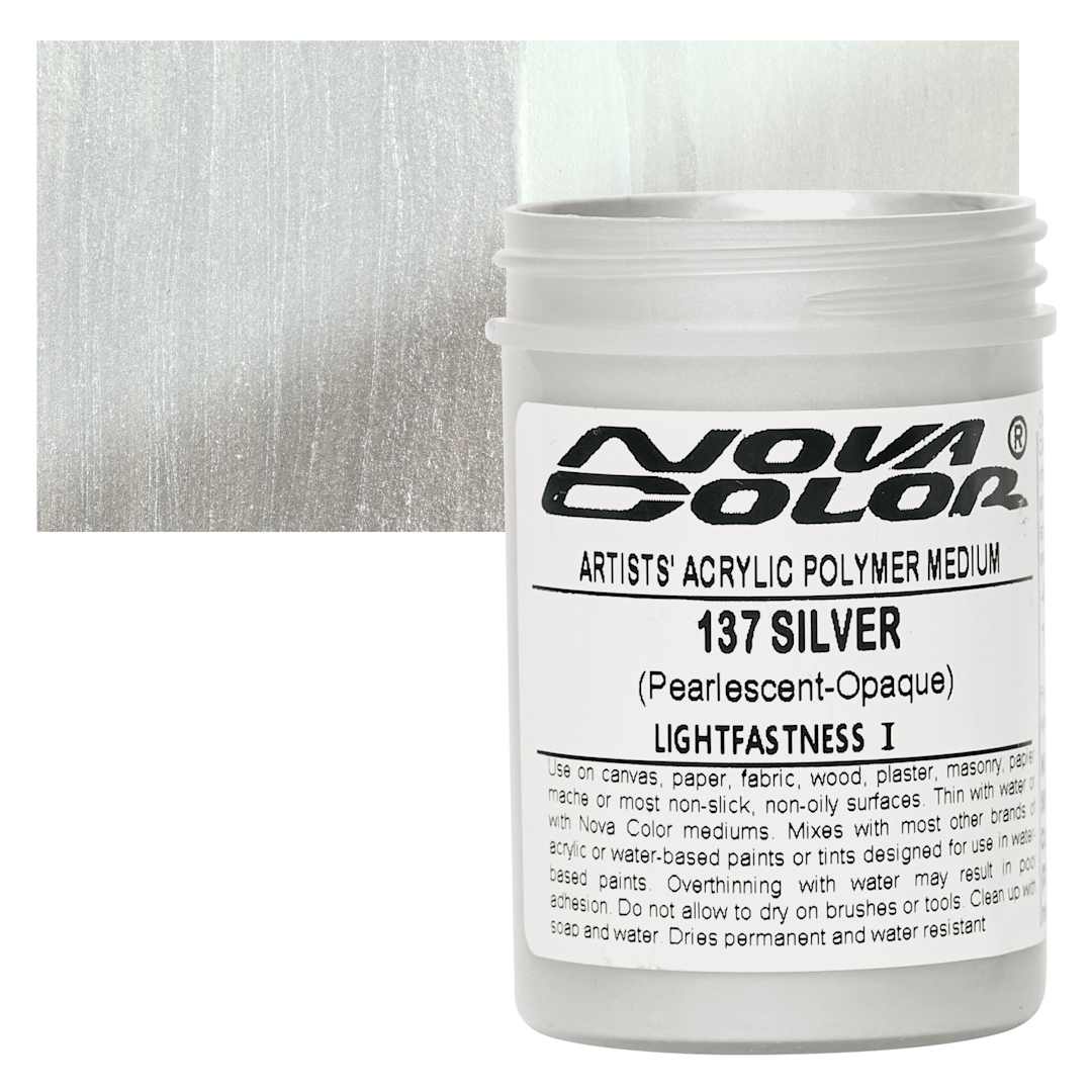 Open in modal - Nova Color Artists’ Acrylic Polymer Paint - Silver Pearl, 118 ml Jar and swatch