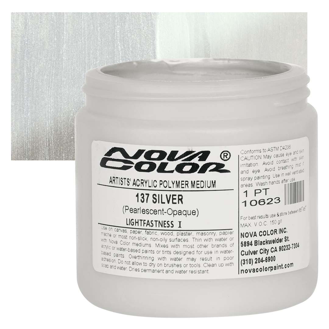 Open in modal - Nova Color Artists’ Acrylic Polymer Paint - Silver Pearl, 473 ml Jar and swatch