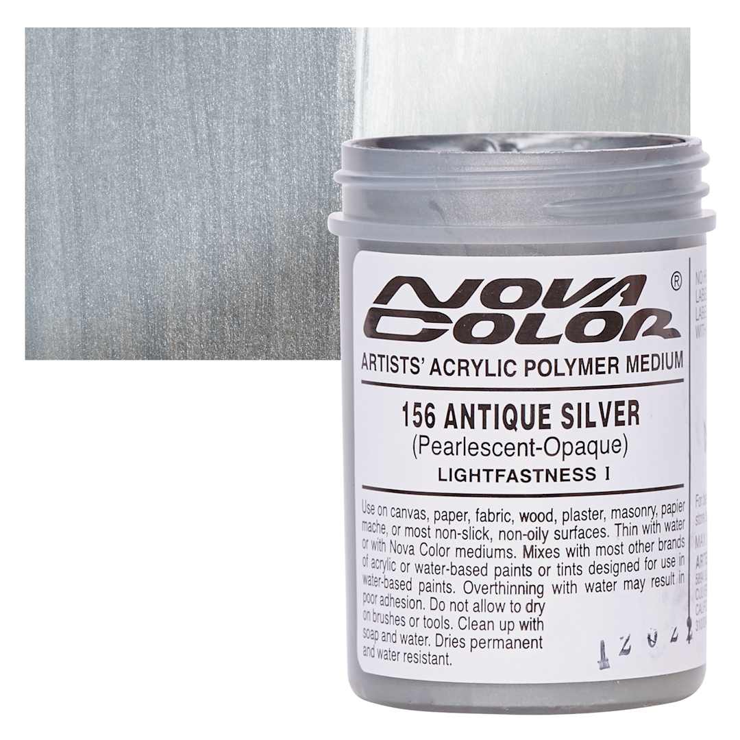 Open in modal - Nova Color Artists’ Acrylic Polymer Paint - Antique Silver, 118 ml Jar and swatch