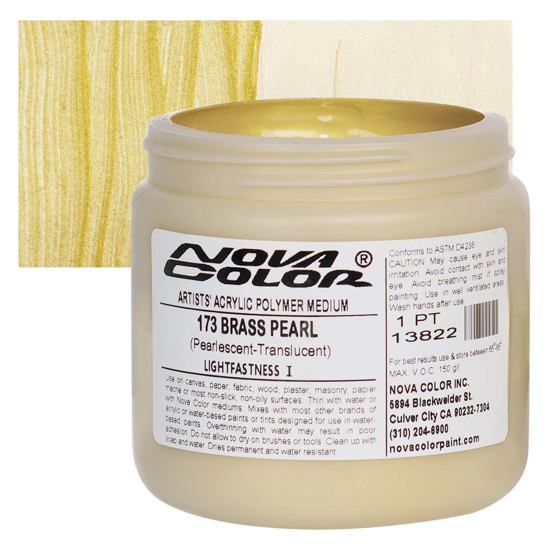 Open in modal - Nova Color Artists’ Acrylic Polymer Paint - Brass Pearl, 473 ml Jar and swatch