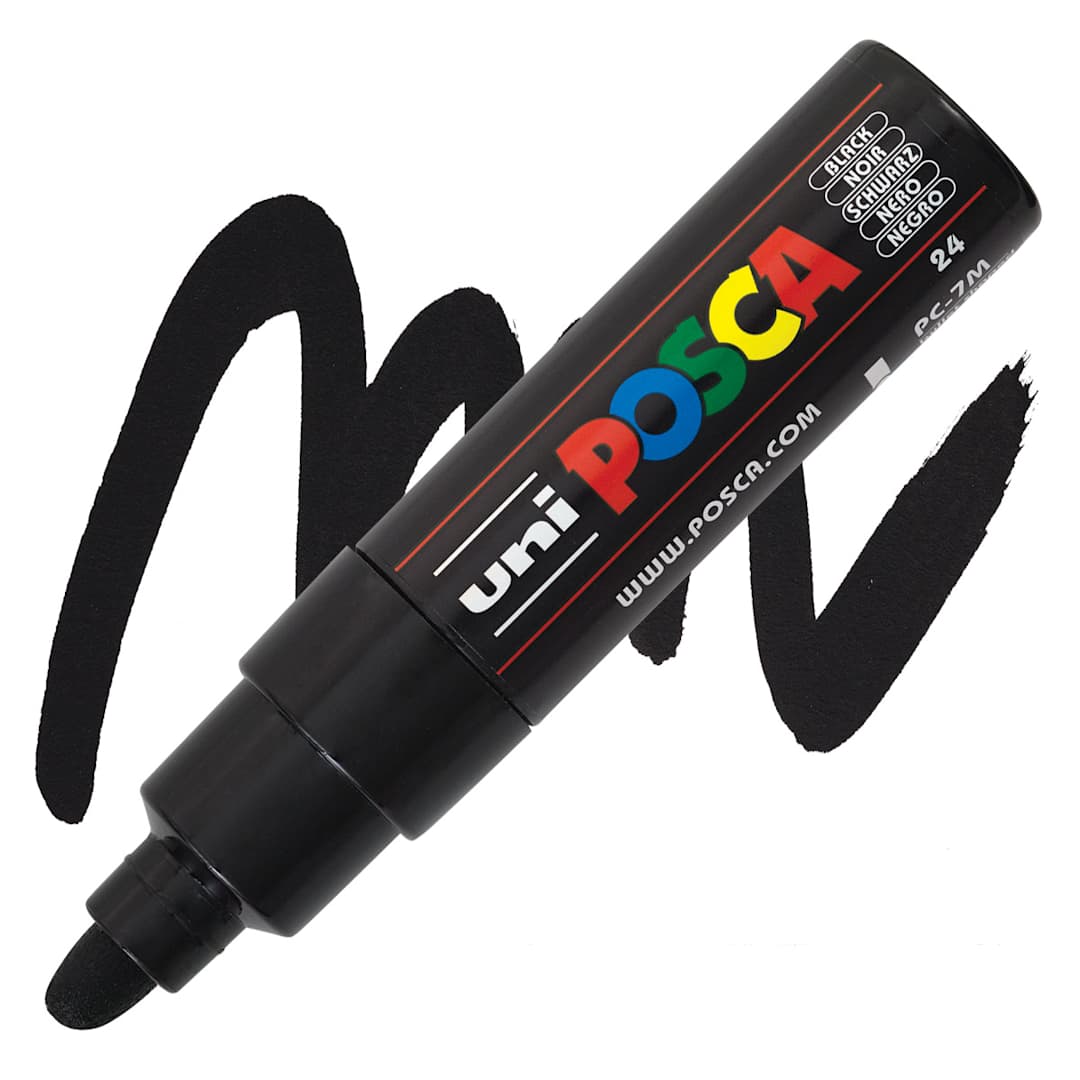 Open in modal - Posca Paint Marker - Black, Broad Bullet Tip, 4.5 mm - 5.5 mm - marker and swatch