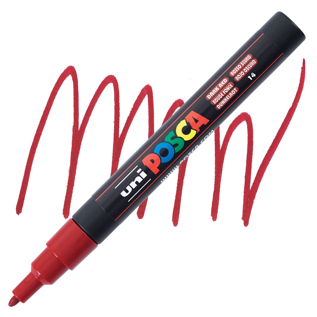 Open in modal - Posca Paint Marker - Dark Red, Fine, Bullet Tip, 0.9 mm - 1.3 mm - marker and swatch