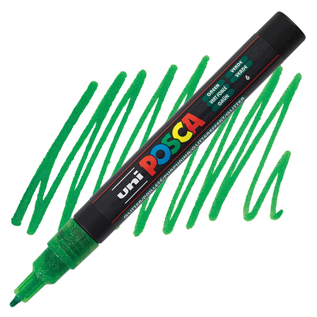 Open in modal - Posca Paint Marker - Glitter Green, Fine, Bullet Tip, 0.9 mm - 1.3 mm - marker and swatch