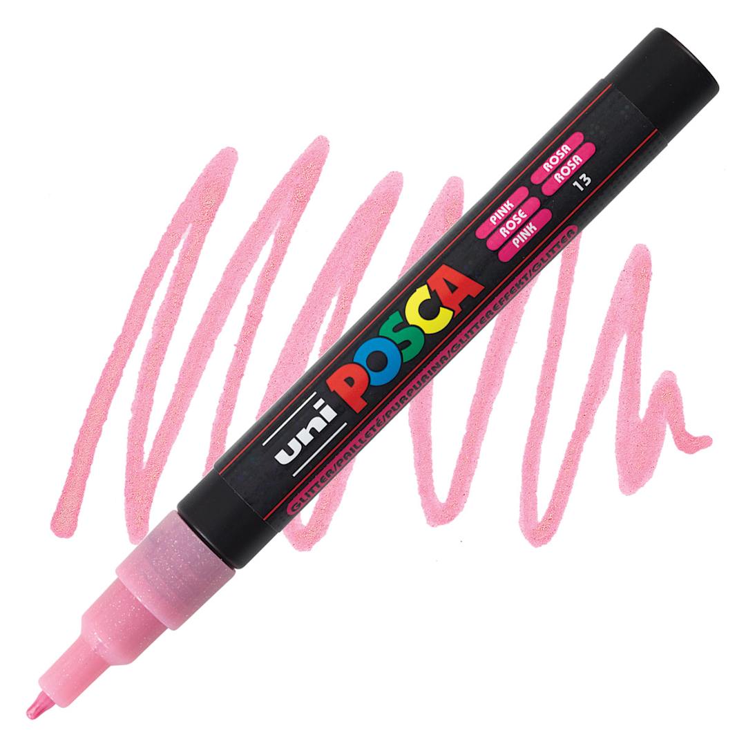 Open in modal - Posca Paint Marker - Glitter Pink, Fine, Bullet Tip, 0.9 mm - 1.3 mm - marker and swatch