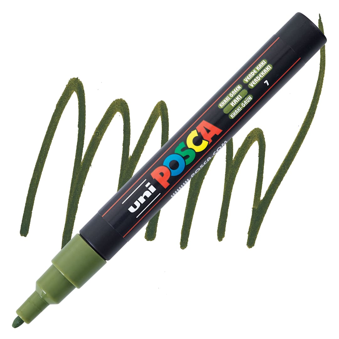 Open in modal - Posca Paint Marker - Khaki Green, Fine, Bullet Tip, 0.9 mm - 1.3 mm - marker and swatch