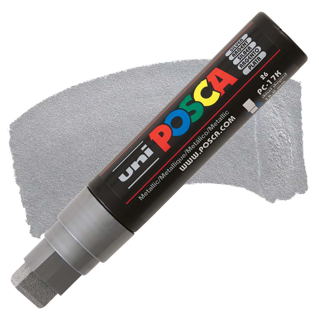 Open in modal - Uni Posca Paint Marker - Silver, Extra Broad Tip, 15 mm marker and swatch
