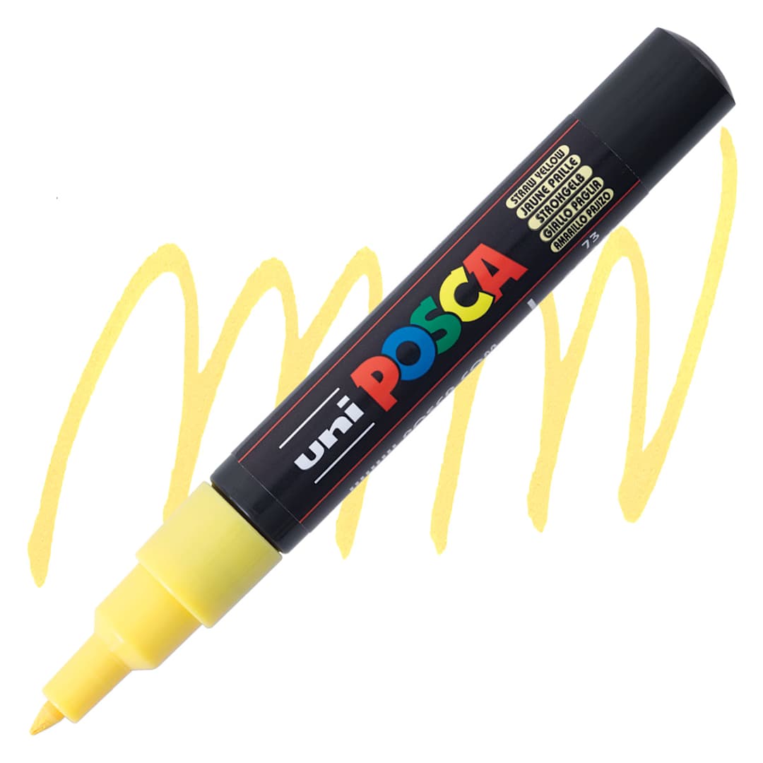 Open in modal - Uni Posca Paint Markerr - Straw Yellow, X-Fine, Bullet Tip, 0.7 mm marker and swatch