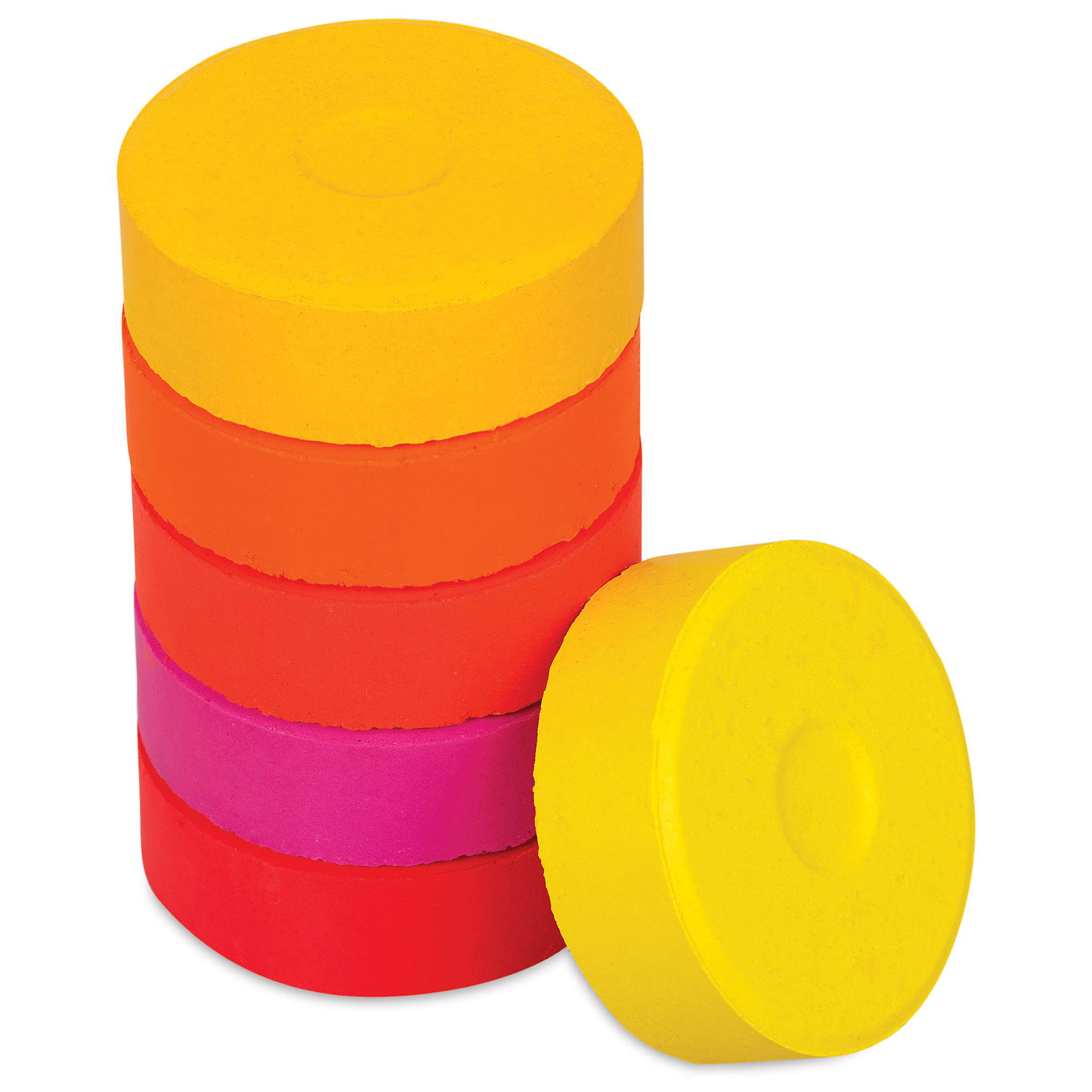 Blick Essentials Tempera Cakes - Set of 6, Large, Warm Colors, stack of cakes with one on side