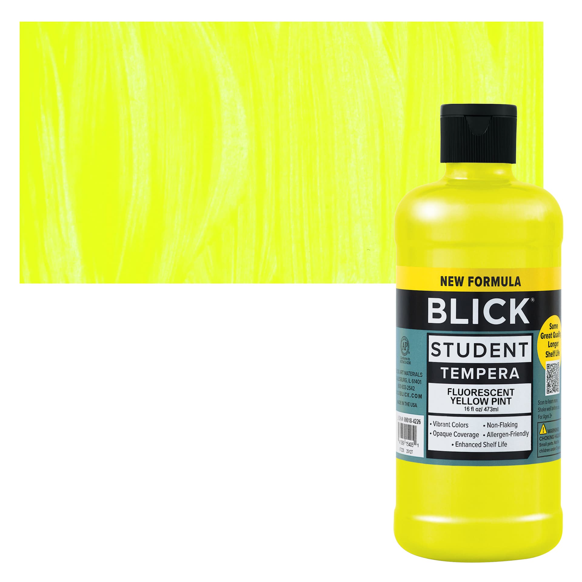 Blick Student Tempera Paint - Fluorescent Yellow, 16 oz Bottle and swatch