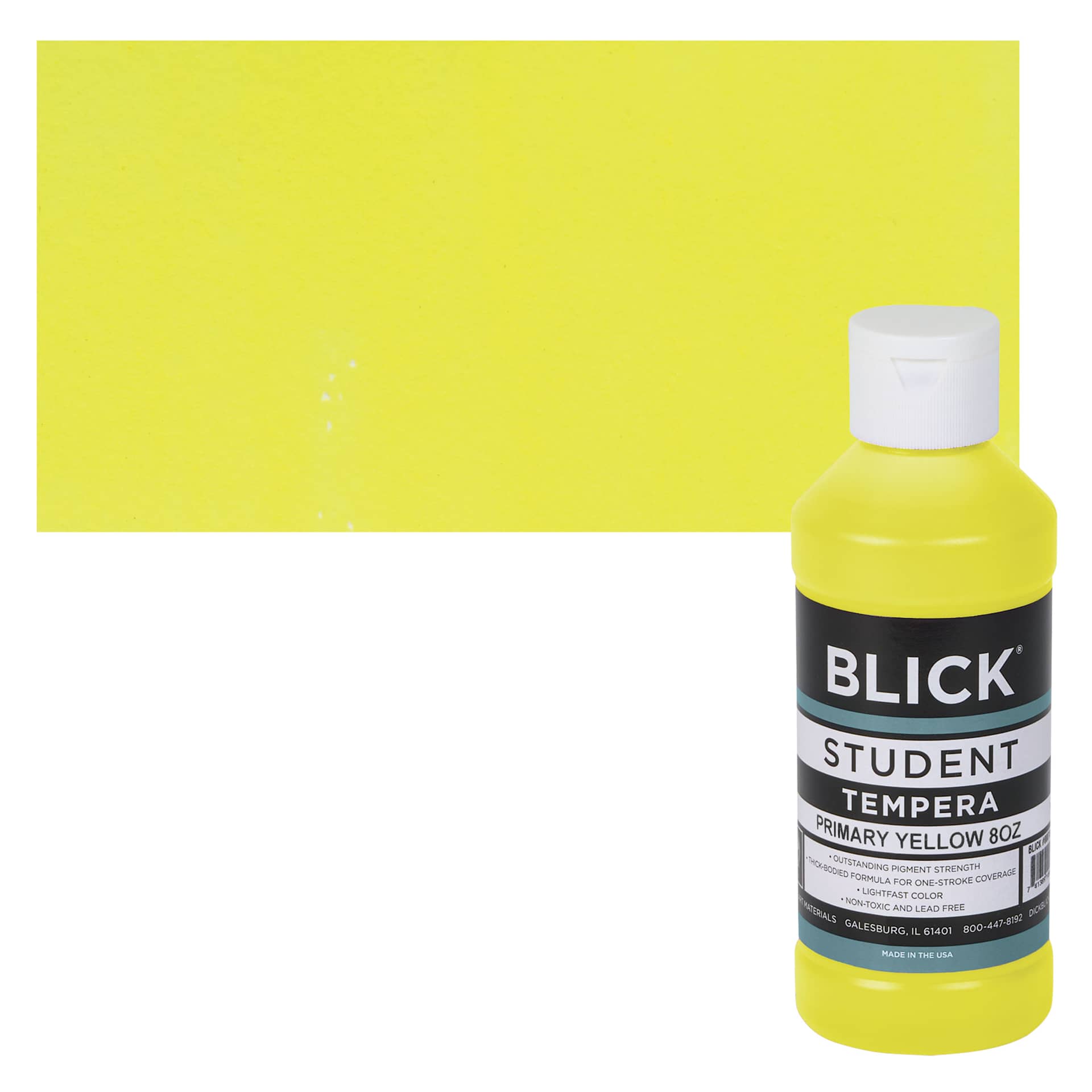 Blick Original Formula Student Tempera Paint - Primary Yellow, 8 oz bottle and swatch