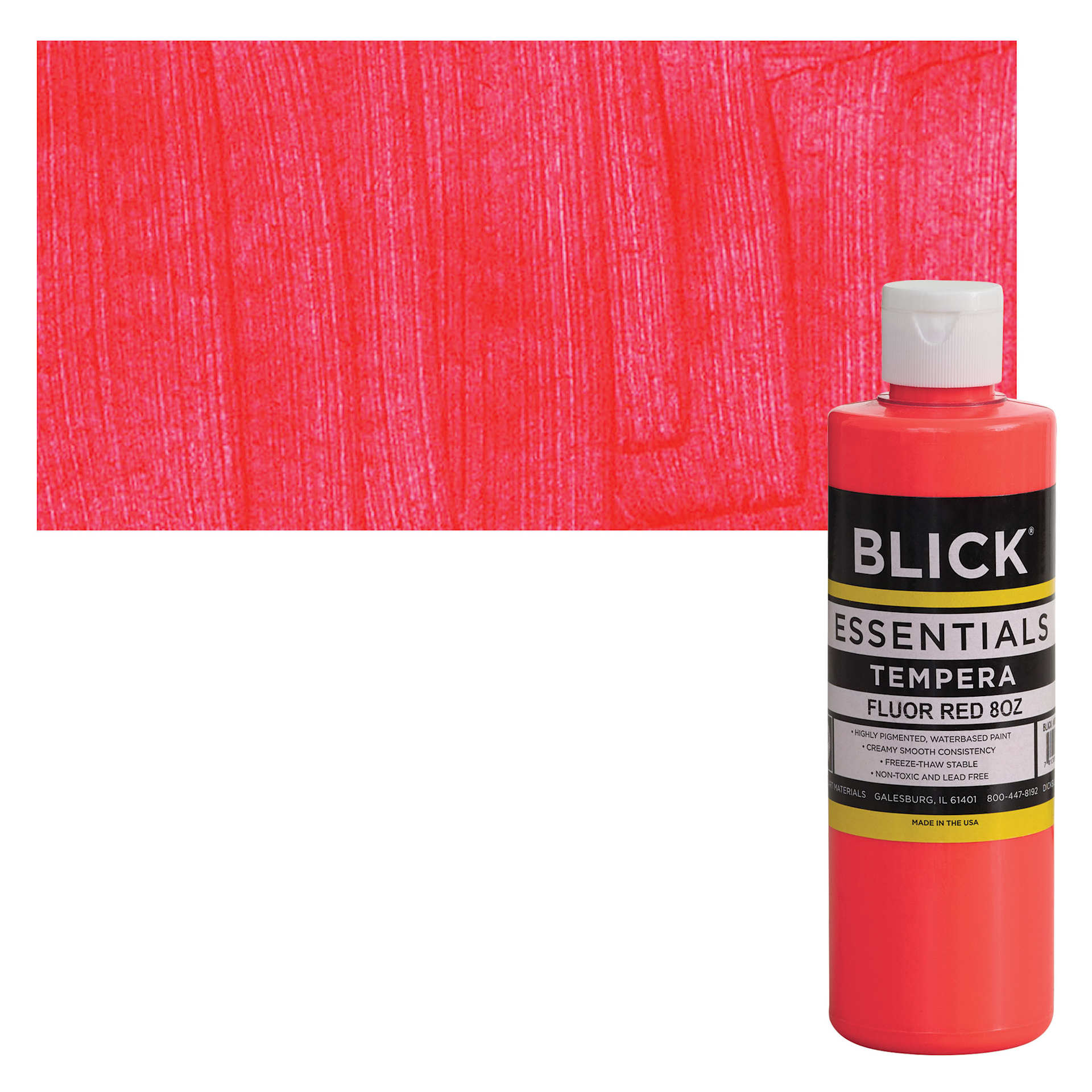 Blick Essentials Tempera - Fluorescent Red, 8 oz bottle and swatch