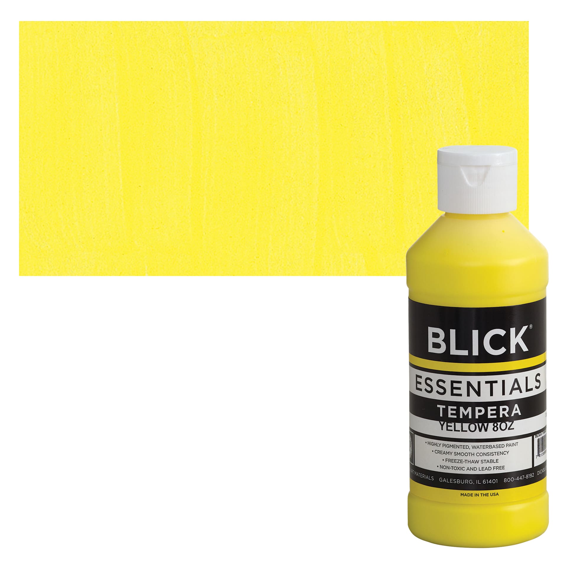 Blick Essentials Tempera - Yellow, 8 oz bottle and swatch
