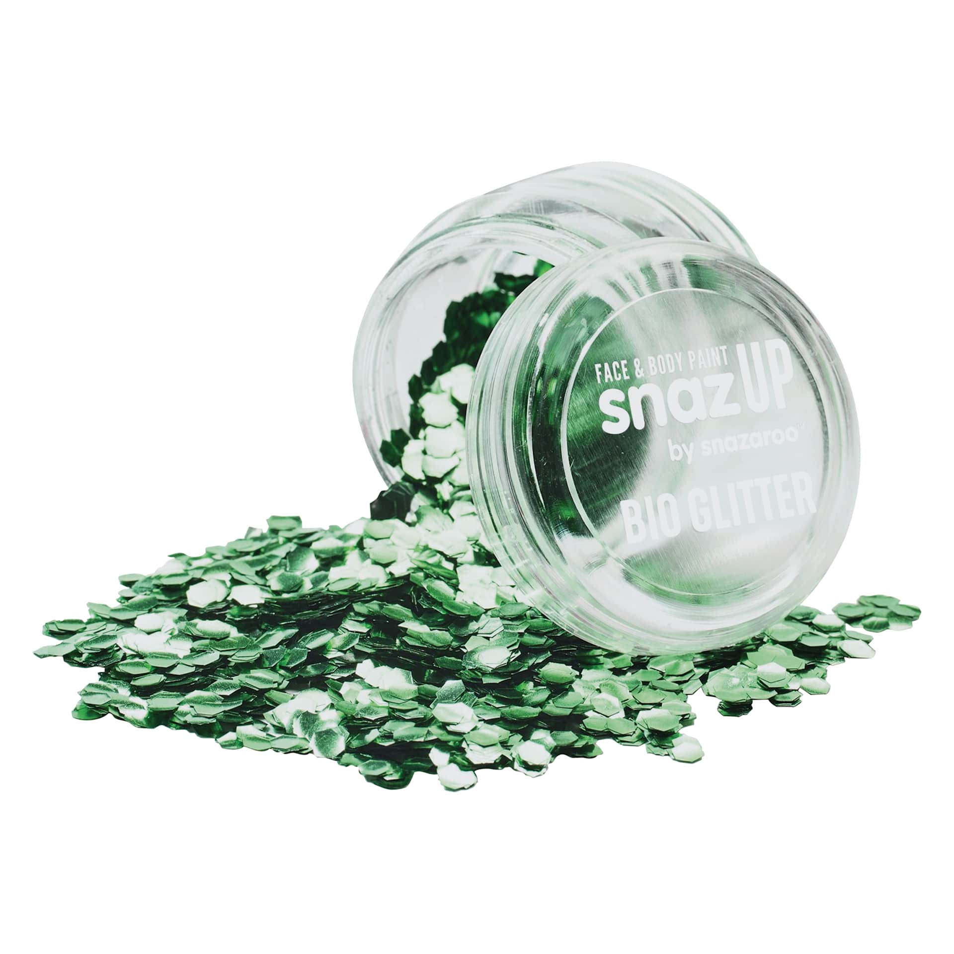 Snazaroo Face & Body Bio Glitter - Green, Chunky, 3 g (Glitter spilling out of jar)