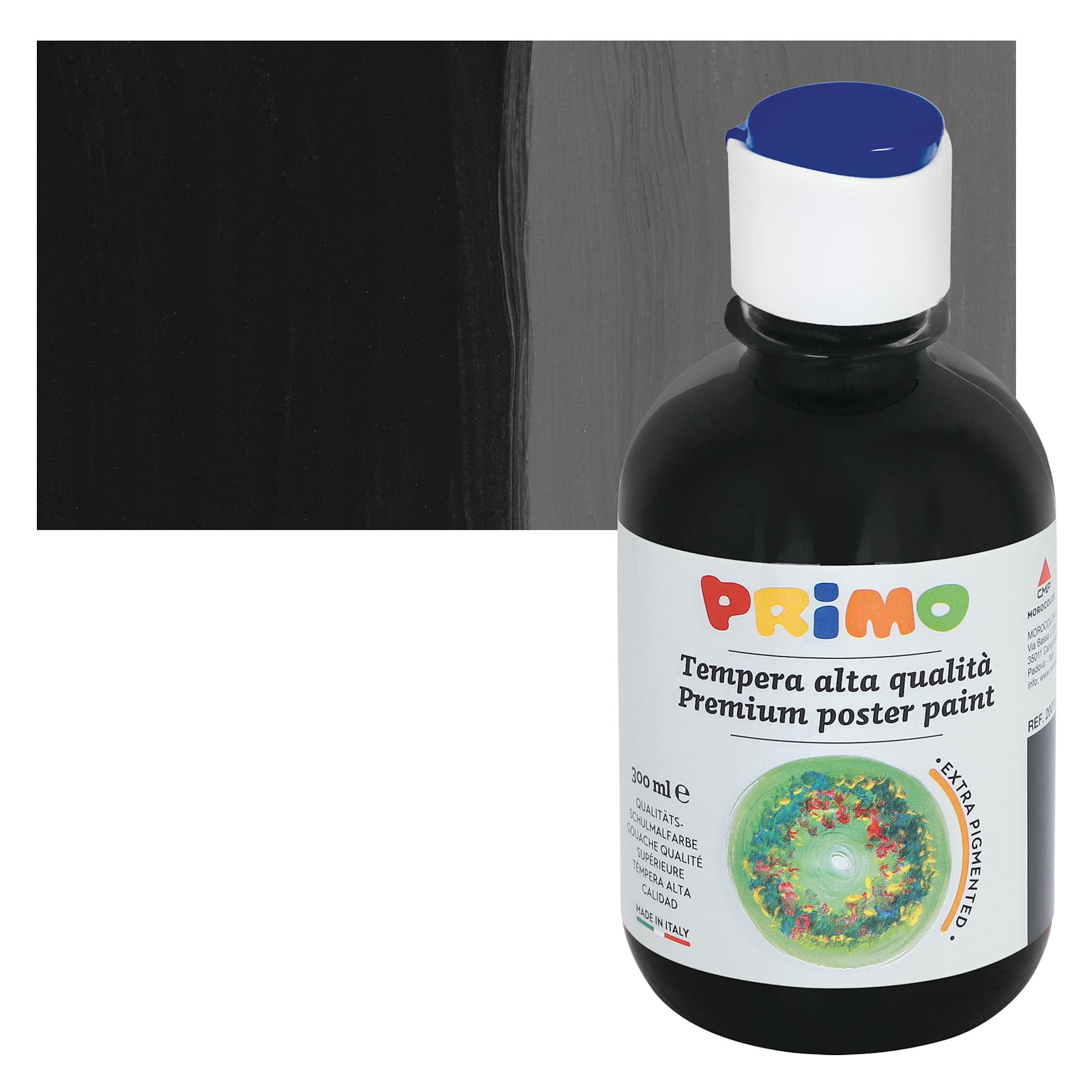 Primo Premium Tempera Paint - Black, 300 ml bottle and swatch